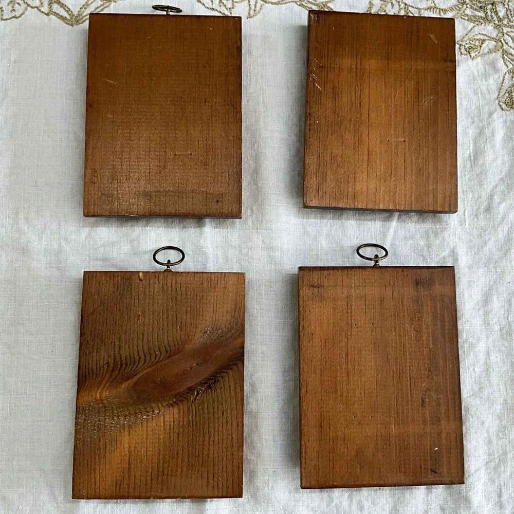 Vintage Hummel Wood Wall Plaques Set of 4 Children Umbrella Rabbits Crow Signed